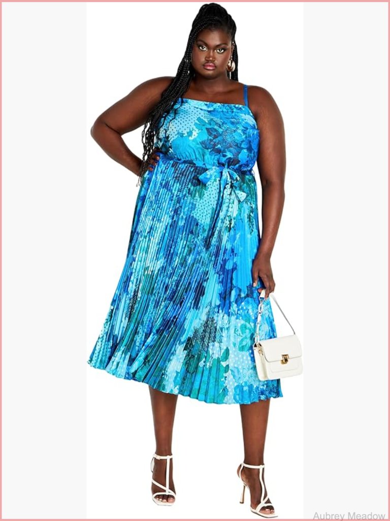 Plus Size Fit-And-Flare Midi Dress Pleated Skirt Adjustable Straps
